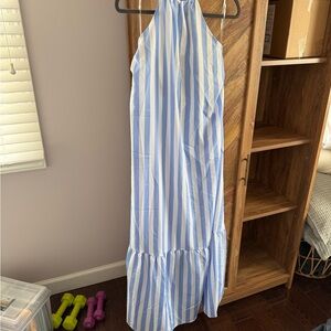 Main Strip Light Blue and White Striped Halter Dress
